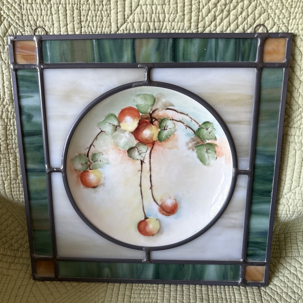 Vintage Handmade Stained Glass Wall Panel Hand Painted Fruit Plate Decor 9.5"